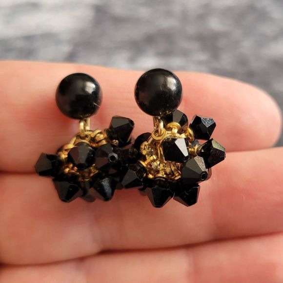 Ciner Vintage Earrings Clip-on Goldtone With Black Beads - Picture 1 of 8